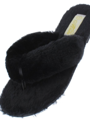 Cuddle4 Black Faux Fur Flat Slide Thong Sandal