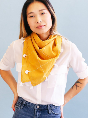 Gold Grid Square Scarf With Tassels