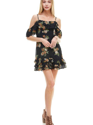 Floral Print Off Shoulder Ruffle Detail Dress