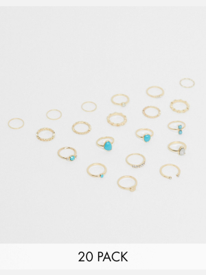 Asos Design Pack Of 20 Rings With Turq Stones In Gold Tone