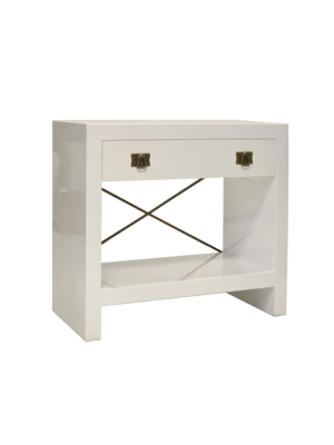 White Lacquer One Drawer Side Table With Antique Brass Hardware