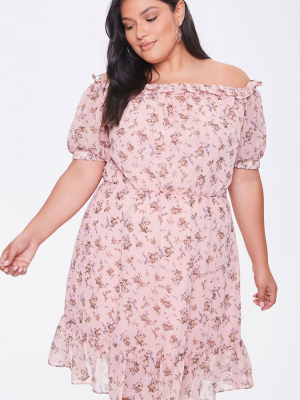 Plus Size Off-the-shoulder Floral Print Dress