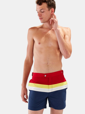 Kennedy Color Block Square-cut Swim Trunks (men's) - Red/yellow/slate Blue