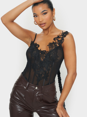 Black Mesh Embroidered Lace Detail Plunge Bodysuit