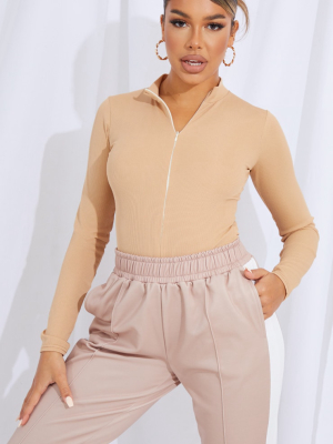 Camel Rib Zip Up Long Sleeve Bodysuit