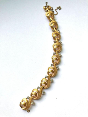 Vintage Mid Century Modern Era Gold Scroll Link Bracelet With Diamante Rhinestones