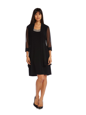 Knee-length Dress With Beaded Neckline And Soft Jacket With Sheer Sleeves - Petite