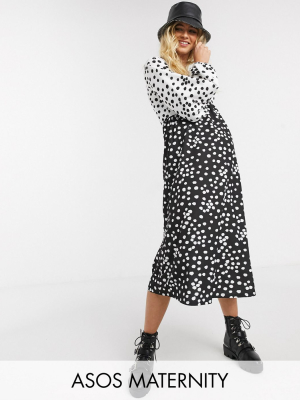 Asos Design Maternity Exclusive Smock Midi Dress In Mono Mix Spot