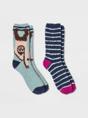 Women's Sloth 2pk Cozy Crew Socks - Blue 4-10