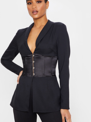 Black Woven Satin Contrast Corset Blazer