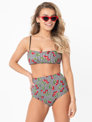 Bettie Page Gingham & Cherry Print High Waist Swim Bottom