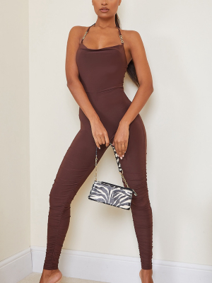 Chocolate Chain Detail Halterneck Slinky Jumpsuit