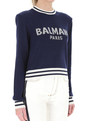 Balmain Striped Trim Logo Intarsia Knitted Jumper