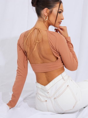 Mocha Crepe Backless Long Sleeve Crop Top