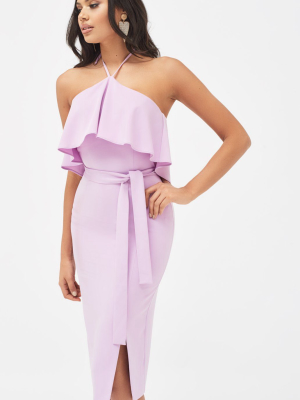 Halterneck Double Layer Midi Dress In Lilac