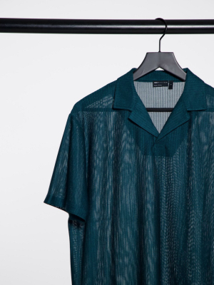 Asos Design Relaxed Camp Collar Shirt In Teal Sheer Stripe Mesh