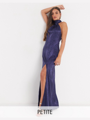 Flounce London Petite Exclusive High Neck Maxi Dress With Open Back In Navy