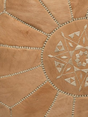 Embroidered Leather Pouf, Naturel
