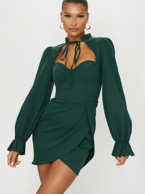 Emerald Green Tie Neck Puff Sleeve Wrap Skirt...