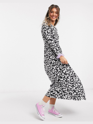 Asos Design Maxi Smock Dress In Black And White Floral Print