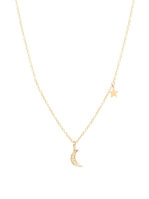 14k Gold Pave Midi Bitty Crescent Moon Charm Necklace