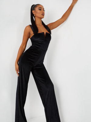 Black Velvet V Bar Strappy Wide Leg Jumpsuit