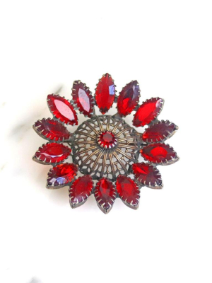 Vintage Red Open Back Rhinestone Brooch Set In Antique Silver Tone