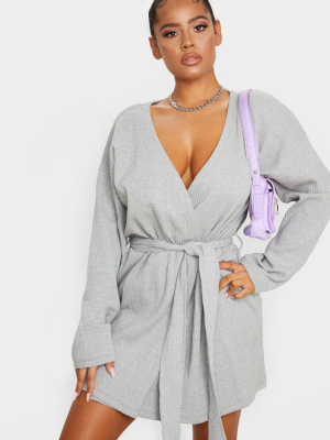 Grey Heavy Rib Long Sleeve Wrap Front Shift Dress