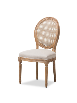 Adelia French Vintage Cottage Weathered Oak Wood Finish And Fabric Upholstered Dining Side Chair With Round Cane Back - Beige - Baxton Studio