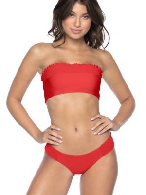 Pilyq Red Coral Smocked Bandeau Bikini Top