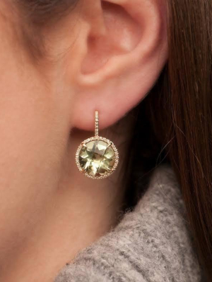 14kt Yellow Gold Green Amethyst Diamond Round Earrings