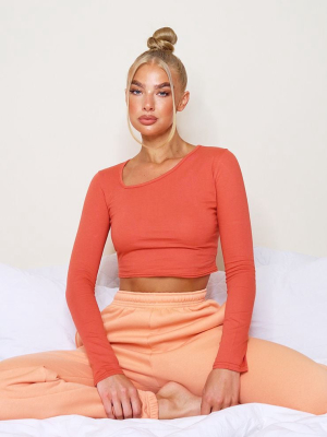 Rust Jersey Slashed Neck Long Sleeve Crop Top