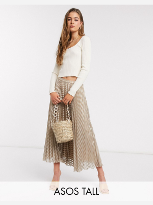 Asos Desgin Tall Self Stripe Midi Satin Pleated Skirt In Beige