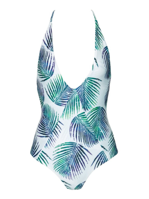 Palma Plunging Open Back One Piece Swimsuit - Petrogleaf Tropical Print