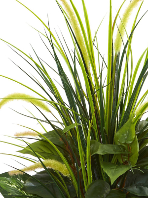 48" X 26" Artificial Mixed River Fern And Dogtail Plant In White Tower Planter - Nearly Natural