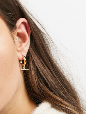 Designb London Mini Hoop Earrings In Gold With T Bar