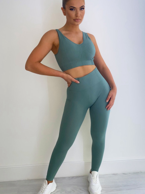 Sage Green Textured Seamless High Waist Gym...