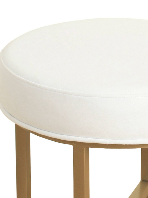 Round Shape Metal Framed Stool With Velvet Upholstered Seat White And Gold - Benzara