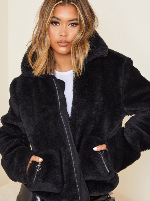 Black Teddy Faux Fur Pocket Front Jacket