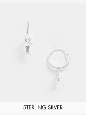 Asos Design Sterling Silver Hoop Earrings With Moon Charm