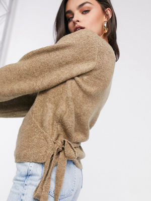 Asos Design Wrap Fluffy Sweater In Brown