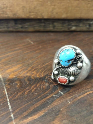 Turquoise And Coral W/ Leaf Ring | Vintage