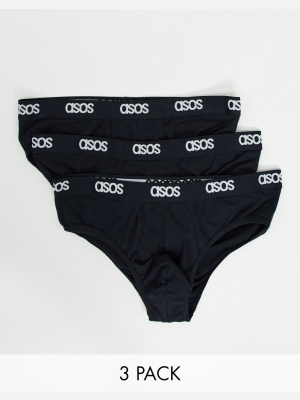 Asos Design 3-pack Briefs In Black With Branded Waistband