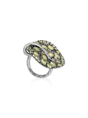 Botanical Leaf 31mm Ring With Peridot And Diamonds