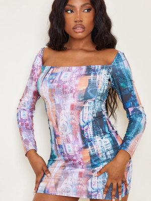 Multi City Print Long Sleeve Jersey Bodycon Dress