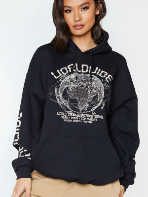 Black Worldwide Oversized Slogan Hoodie