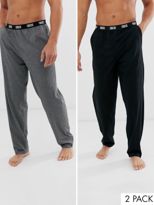 Asos Design 2 Pack Lounge Pyjama Bottom In Black And Charcoal Marl With Branded Waistband Save