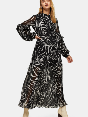 Black And White Zebra Print Pleated Midi Dress