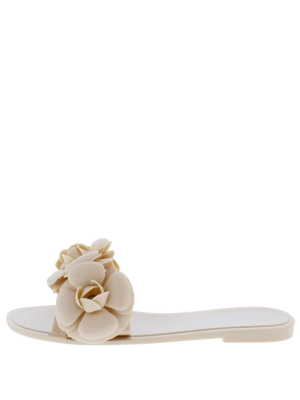 Jackie06a Nude Flower Open Toe Flat Slide Sandal