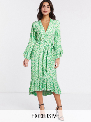 Twisted Wunder Exclusive Ruffle Midi Dress In Green Daisy